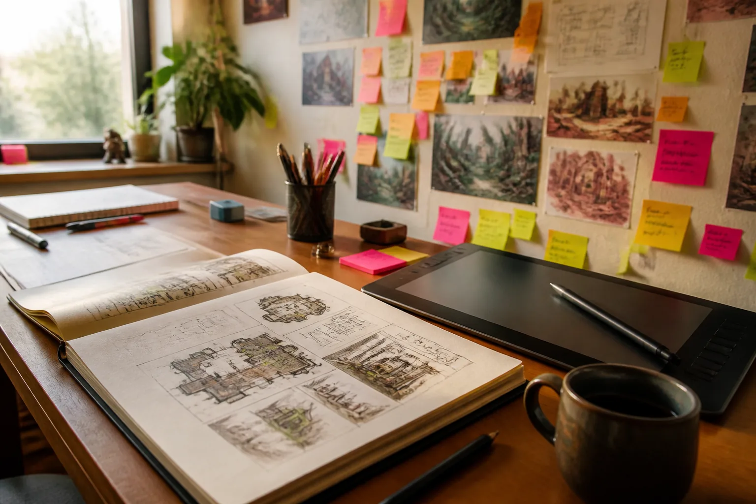 A game designer's studio desk with hand-drawn level maps, a graphics tablet and sticky notes