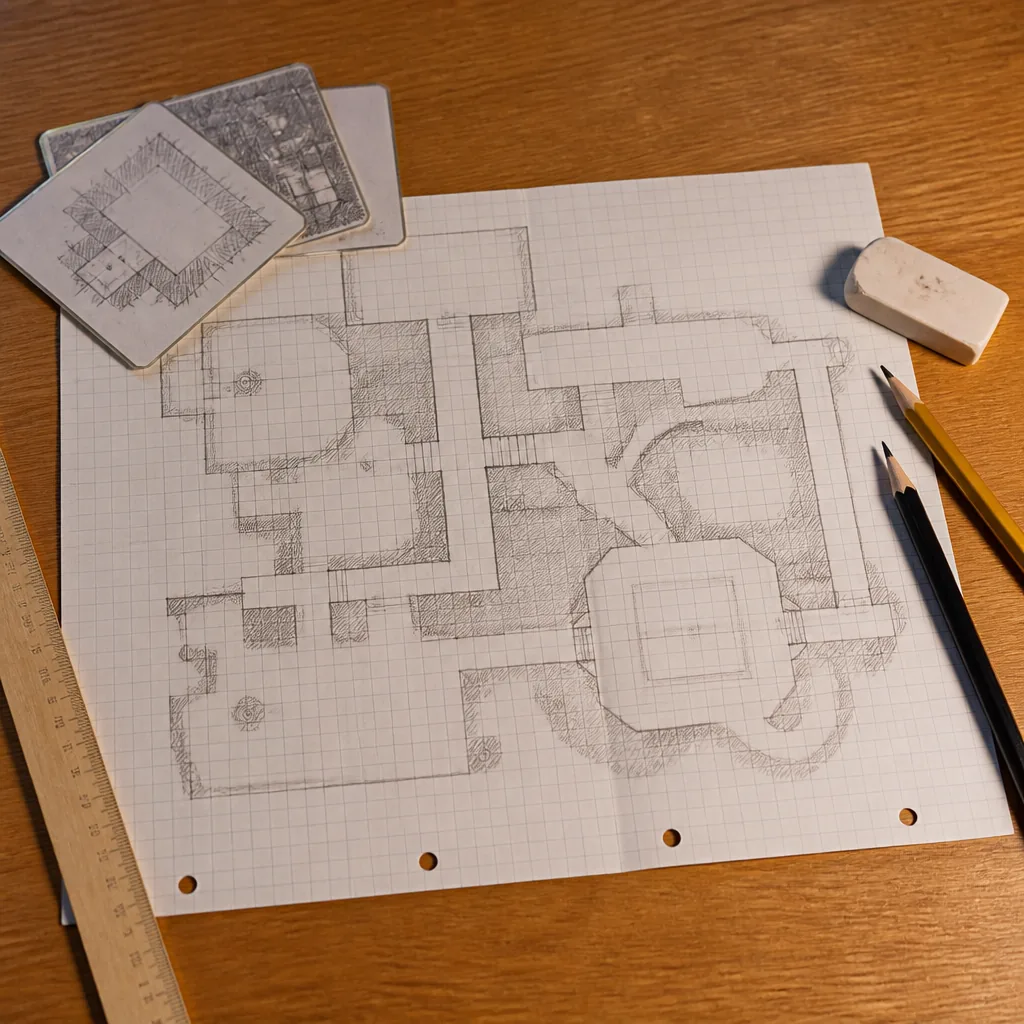Designer sketching a level layout on grid paper