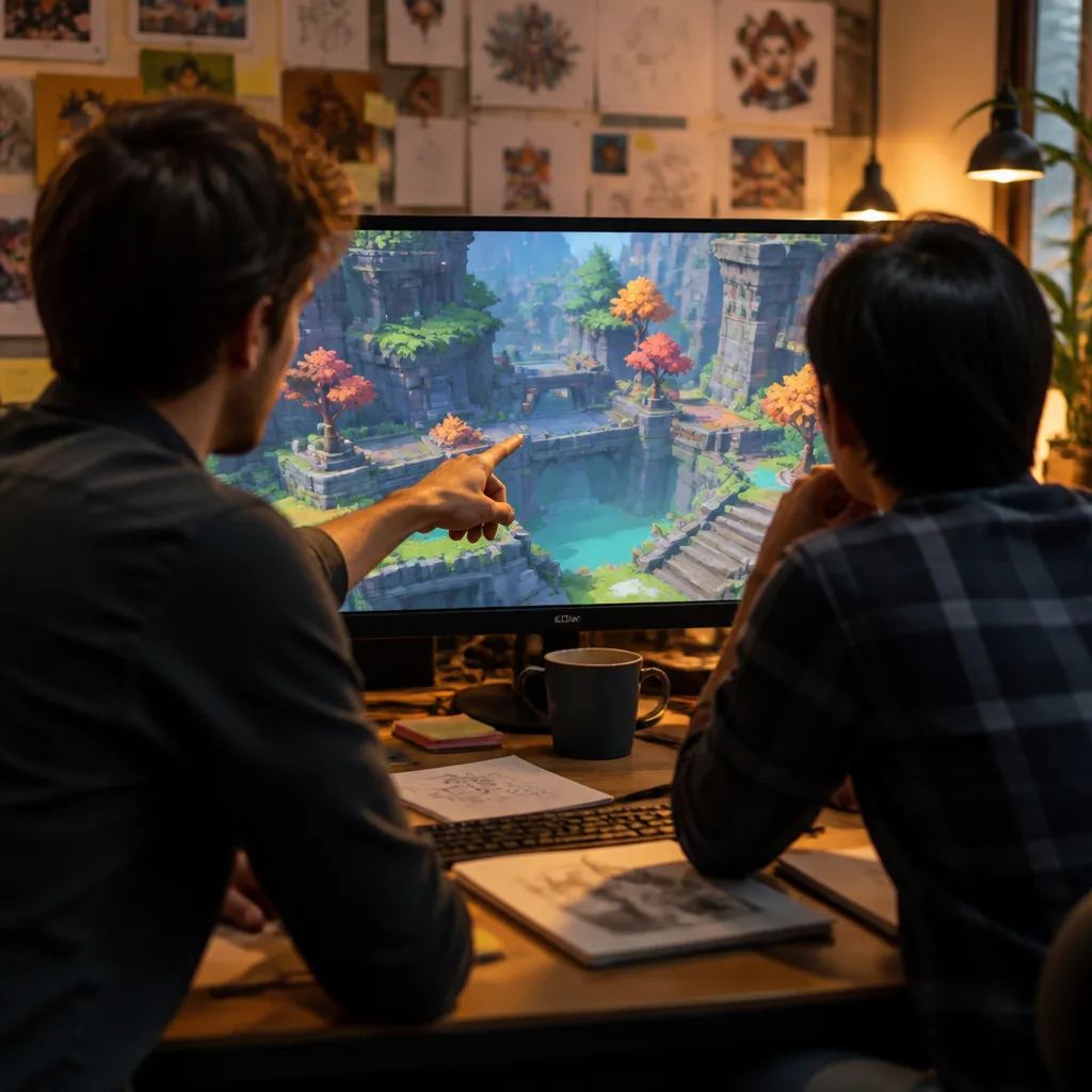 Two designers reviewing a project together on a monitor