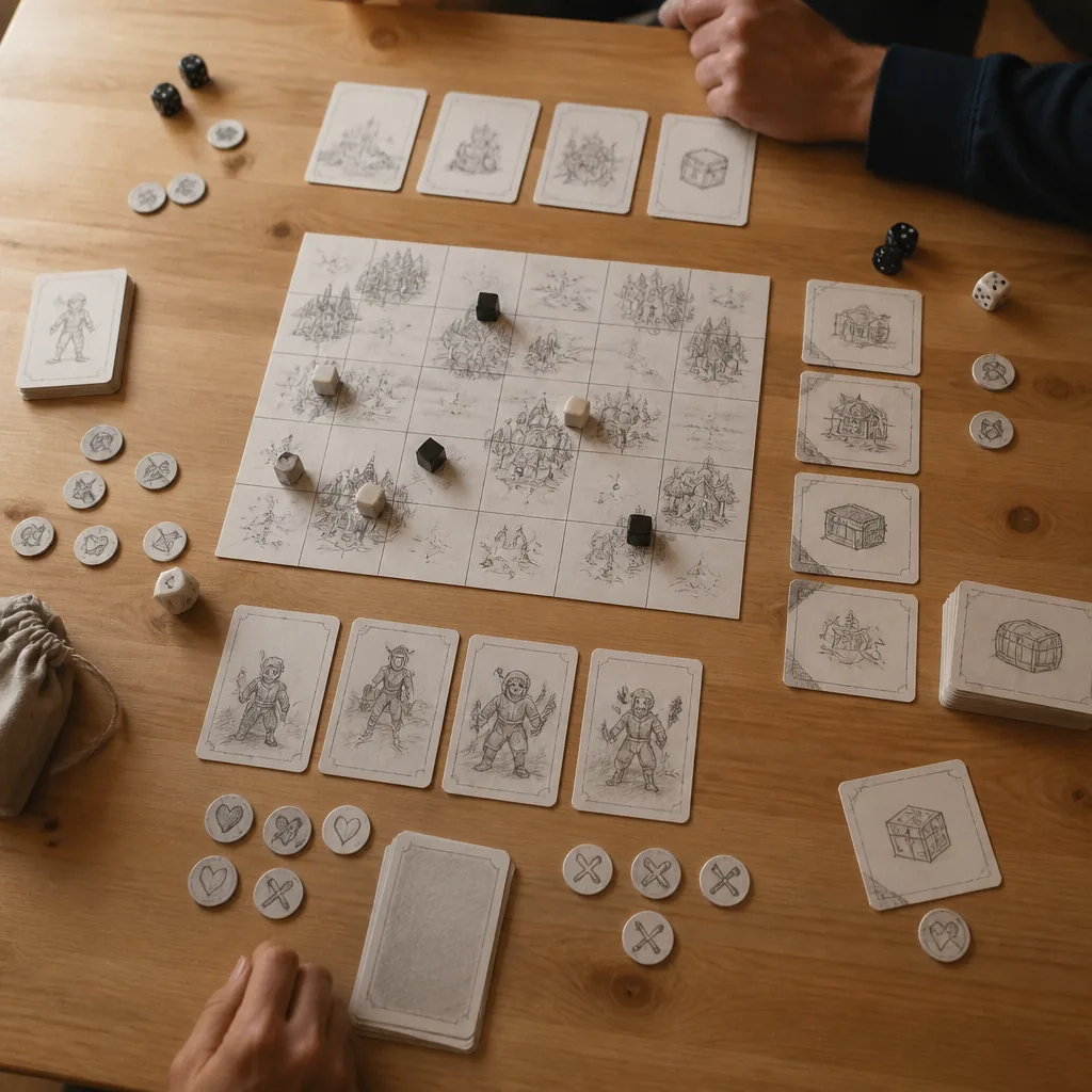 A paper prototype of a game laid out with cards and tokens