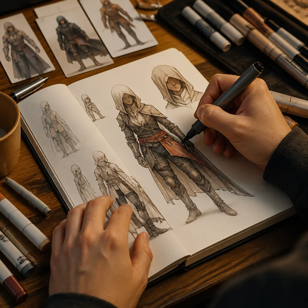 Hands sketching game character designs in a sketchbook with markers