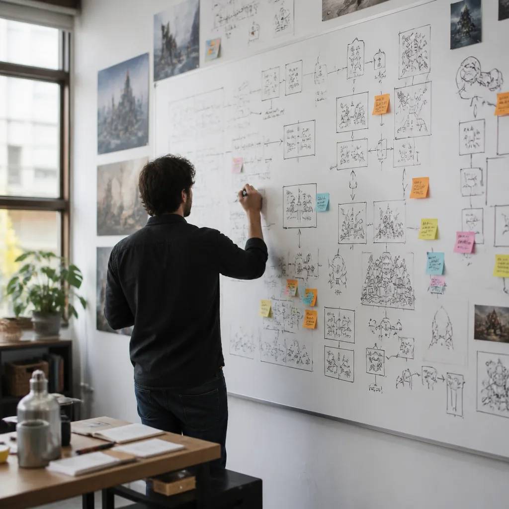 A studio whiteboard covered in hand-drawn game-system diagrams and sticky notes